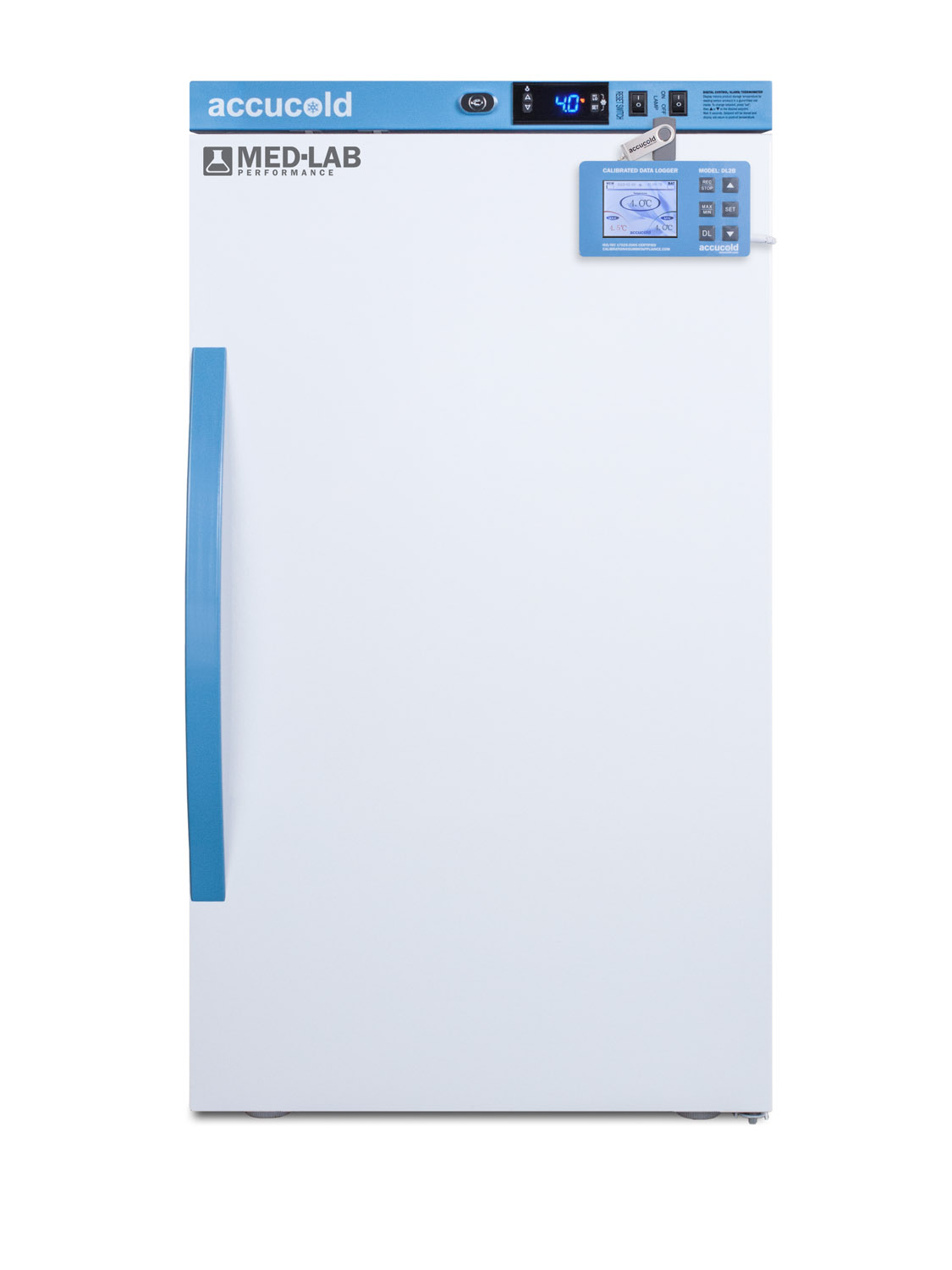 Performance series Med-Lab 3 cu.ft. counter height all-refrigerator for laboratory storage with factory-installed data logger, hospital grade cord with 'green dot' plug, and antimicrobial silver-ion handle